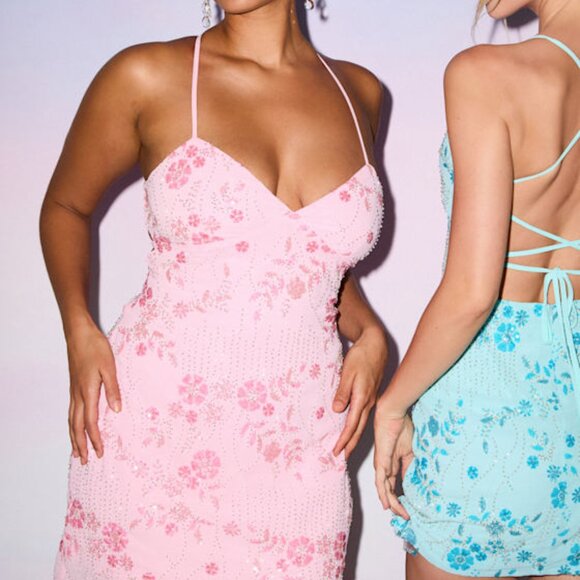 Lulus Alisia Pink Sequin Beaded Lace-up Mini Dress - Size S - Picture 1 of 1